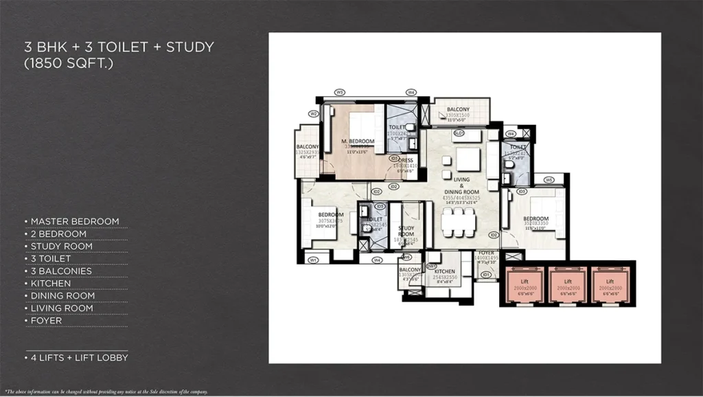 3 BHK+3 Toilet + Study 1850 SQFT.