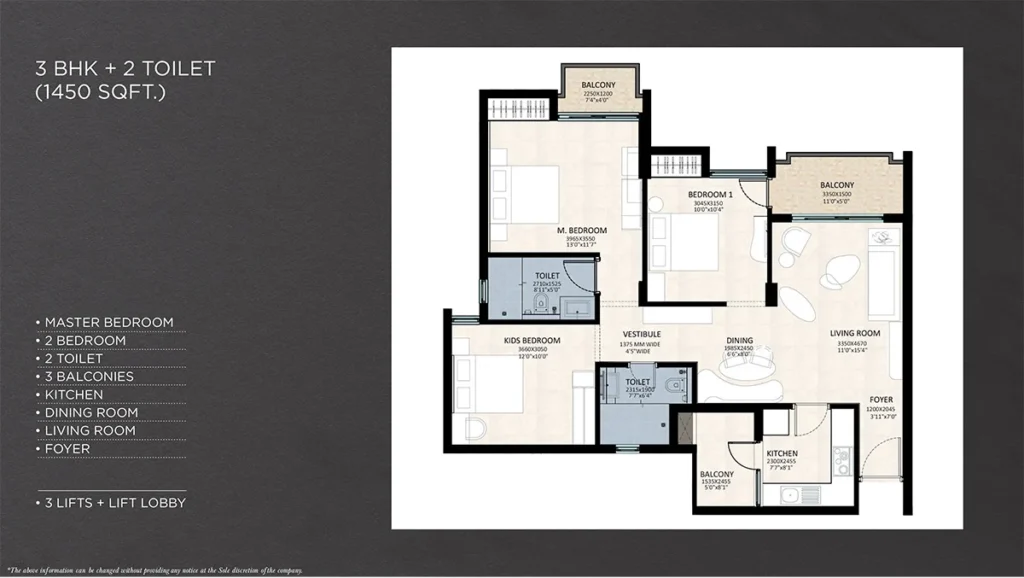 3 BHK+2 Toilet 1450 SQFT.